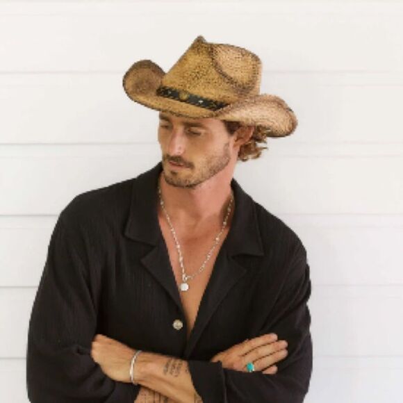 Brown Straw Cowboy Hat Beaded Band Sz  7 1/2 (M/L) Boho Western Vacation main image 7